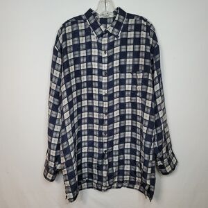 VTG M&R International 100% Silk Shirt Mens L Blue Plaid Long Sleeve Button Up